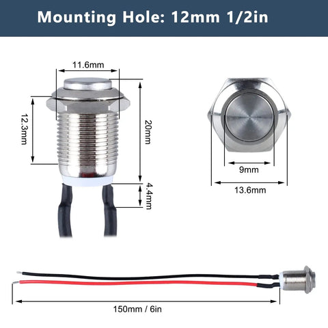 Dimensions diagram of Two Pack 12mm Momentary Metal Waterproof Push Button Switch With Raised Head Half Inch Mounting Hole Pre Soldered Cable 250V 2A 1NO Built For Rugged Use For DIYers Outdoor Installations.