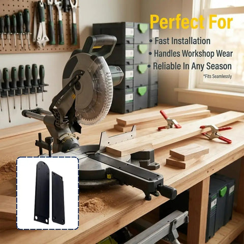 Zero Clearance Insert For Ryobi TSS103 Miter Saw That Delivers Clean Crosscuts Reduces Tearout And Splintering Easy Drop In Fit Custom Table Insert For Perfect Woodworking Results, shown installed on a miter saw in a workshop.