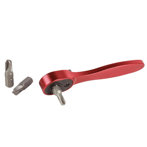One Quarter Inch Drive Seventy Two Tooth Micro Ratcheting Bit Driver With Anodized Aluminum Build, red finish, includes two bits