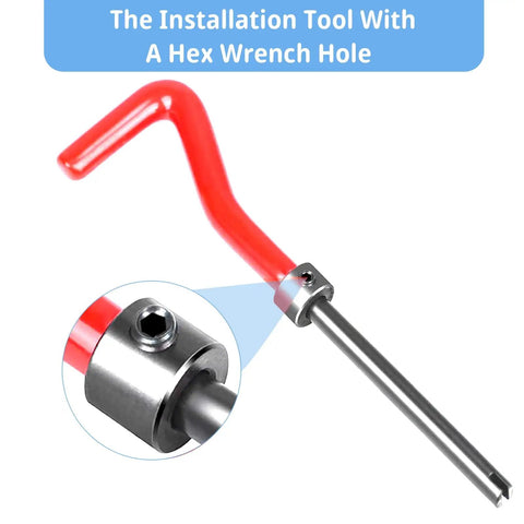 Hex wrench with red handle from 15-Piece Thread Insert Repair Kit For M14x1.5 Female Threads With Drill, Tap, Wrench, Box
