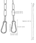 Stainless Steel Gate Chain Latch with Dual Carabiners for Fences, showing measurements and details of chain and hooks.