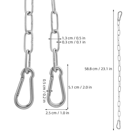 Stainless Steel Gate Chain Latch with Dual Carabiners for Fences, showing measurements and details of chain and hooks.