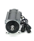 Servo motor with brake and driver kit, front view; silver faceplate, black housing, shaft, multi-pin connector
