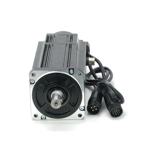 Servo motor with brake and driver kit, front view; silver faceplate, black housing, shaft, multi-pin connector