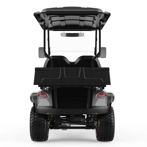 Back view of slick electric golf cart with sturdy frame, two seats, and weather protection, featuring 48V 5KW AC motor.
