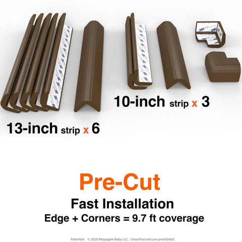 Foolproof Fireplace Edge And Corner Protectors Keep Littles Safe With An Extra Wide Nine Foot Strip And Two Tight Corners Soft Nbr Foam Guards Use Quick Bond Tape For A No Sweat Setup Providing Flame Resistant Padding In Warm Brown Finish, featuring six 13-inch and three 10-inch strips.