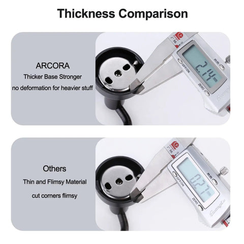 Thickness comparison of stainless steel towel hooks showing 2.14mm for ARCORA and 1.12mm for others