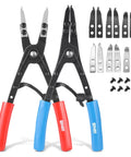 Two black circlip pliers with red and blue grips and interchangeable tips from Beefed-Up Heavy Duty 2 Piece 10 Inch Multi Angle Internal And External Circlip Pliers Set With Case For Ring Remover Retaining Snap Ring Installation And Removal Spring Locking Versatile Auto And Machinery Repair Tool Kit.