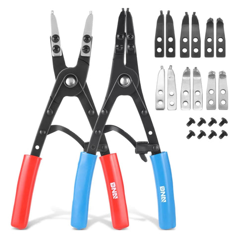 Two black circlip pliers with red and blue grips and interchangeable tips from Beefed-Up Heavy Duty 2 Piece 10 Inch Multi Angle Internal And External Circlip Pliers Set With Case For Ring Remover Retaining Snap Ring Installation And Removal Spring Locking Versatile Auto And Machinery Repair Tool Kit.