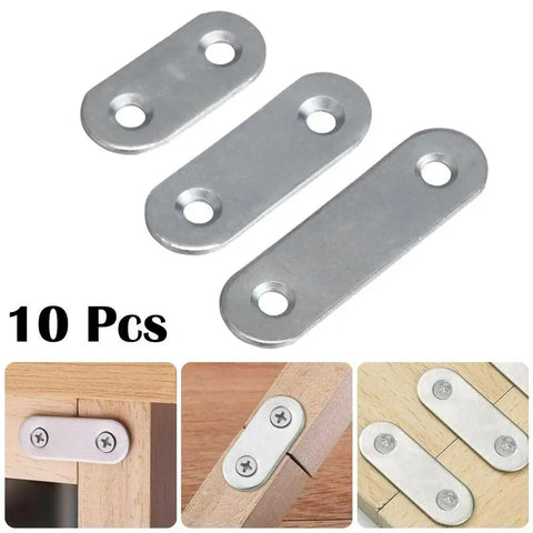 10 Pcs Stainless Steel Corner Brackets Set shown installed on wooden furniture, demonstrating stability and anti-rust properties.