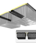 Overhead Garage Storage Rack For Two Bins With Adjustable Width And 80 Pound Capacity DIY Safe Ceiling Mount Easy Install Fits 27 Gallon Totes USA Made Pro Grade Steel Space Saving Organizer shown mounted with bins