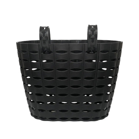 Front Bike Basket For Kids With Bell, durable black plastic handlebar basket, removable front carrier, ideal for small toys and bottles.