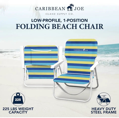 Low Seat Folding Beach Chair With Carry Strap For Easy Transport Lightweight Portable Outdoor Lounger 9.5 Inch Bold Stripe