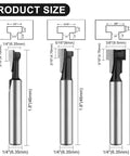Three pro grade keyhole and T slot router bits with 1/4 inch shanks in different cutter diameters from 1/4 inch to 3/8 inch
