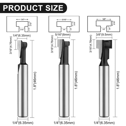 Three pro grade keyhole and T slot router bits with 1/4 inch shanks in different cutter diameters from 1/4 inch to 3/8 inch
