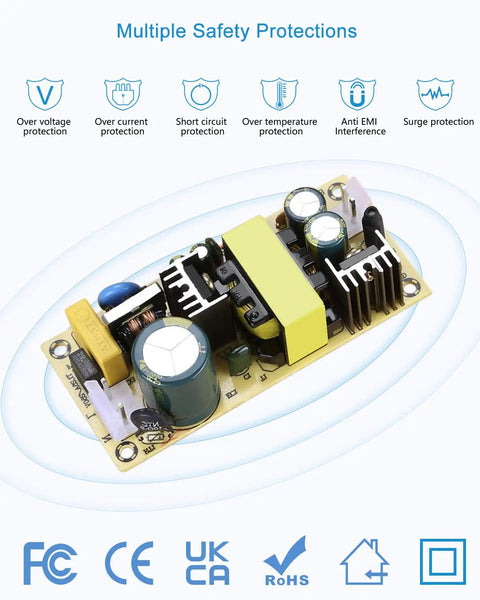 12V DC Power Supply 3A Universal AC Adapter 100-240V Input 50-60Hz To 12V Output Power Brick For LED Strip Lights CCTV Cameras PC Monitors And More With 5.5mm x 2.5mm Or 2.1mm DC Connector, PCB board with safety protections