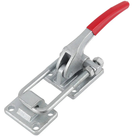 Rock Solid Heavy Duty U Hook Latch Clamp 2 Pack Delivers Knockout 7716 Lb Grip Power Built Tough From Cast Alloy Steel With Adjustable Pull Action Handle And Comfy Rubberized Lever on metallic base.