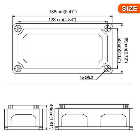 Dimensions and size diagram of Heavy Duty 300 Amp Bus Bar Box With Nickel Plated Brass Conductors And Four M8 Terminals.