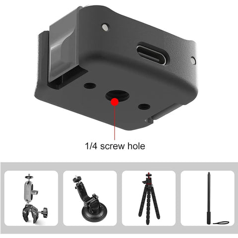 Built Tough Sports Camera Charging Dock For Pocket 3 Rig with 1/4 inch screw hole and USB-C connection detail.