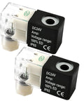 24V DC Coil Kit For Pneumatic Solenoid Valves 4V210-08 And 4V230C-08 Pack Of 2 With Pure Copper Windings For Reliable Valve Operation And Fast Responsive Control. Pack of two 24V DC solenoid coils with IP65 housing
