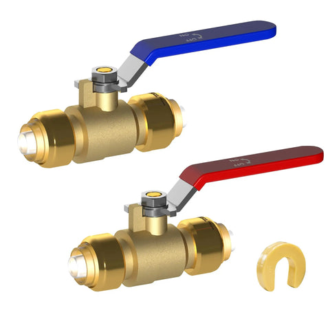 Two Pack One Half Inch Push Fit Full Port Brass Ball Valves With Red And Blue Handles And Disconnect Clip
