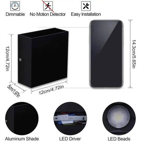 Dimmable 10W LED Indoor Wall Sconce in black finish, shown with dimensions and internal components like LED driver and beads.