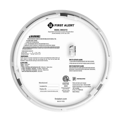 Back view of Sealed 10-Year Battery 2-In-One Smoke And Carbon Monoxide Detector with warning labels and installation guide
