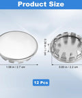 Twelve Pack Half Inch Round Stainless Steel Electrical Box Knockout Plugs For Dead Nuts Secure Panel Sealing and Unused Outlet Closure Trade Grade Heavy Duty Hole Plugs That Lock Tight With No Sweat Setup For Pro Wiring Jobs, showing sizes and two angles.