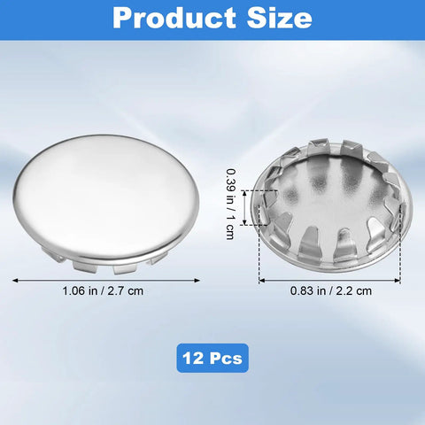 Twelve Pack Half Inch Round Stainless Steel Electrical Box Knockout Plugs For Dead Nuts Secure Panel Sealing and Unused Outlet Closure Trade Grade Heavy Duty Hole Plugs That Lock Tight With No Sweat Setup For Pro Wiring Jobs, showing sizes and two angles.