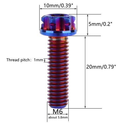 Beefy Titanium Flange Head Bolts Set M6x20mm T30 Torx Burnt Blue Finish Pack Of 4, Grade 5 6AL4V Titanium Alloy Screws with dimensions