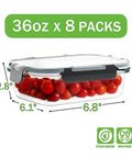 Eight Pack 36oz Glass Meal Prep Container with Snap Lock Lid, filled with tomatoes, showing measurements and BPA-free icon.