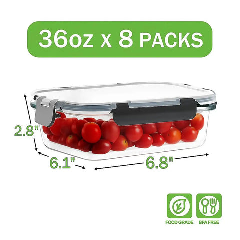 Eight Pack 36oz Glass Meal Prep Container with Snap Lock Lid, filled with tomatoes, showing measurements and BPA-free icon.