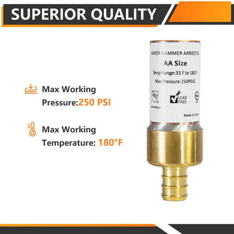 40 Piece One Half Inch PEX Crimp Connection Straight Water Hammer Arrestor Lead Free Brass CUPC Listed NSF Listed with specifications.