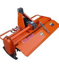 3 Point Rotary Tiller Attachment For Cat 1 Tractors, Single Speed PTO Cultivator With 540 RPM Gearbox, bright orange finish.