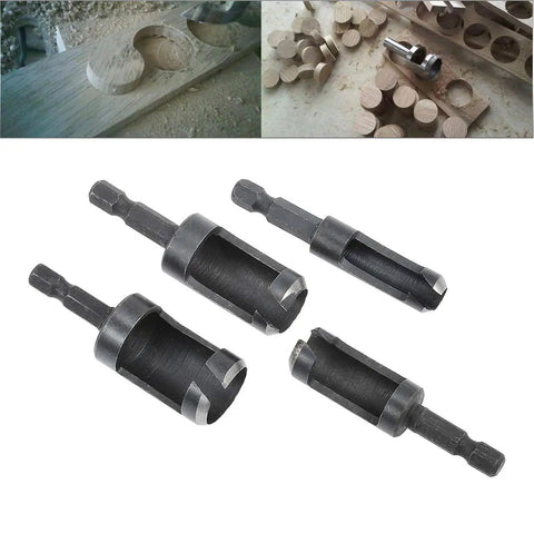 Tough As Nails Wood Plug Cutter Drill Bit Set featuring four sleek cutting heads in high carbon steel for clean dowel holes.