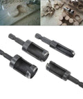 Premium High-Carbon Steel Hex Shank Wood Plug Cutter Set 4 Piece Kit on a work surface, showcasing smooth drilling action.