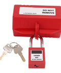 Solid as a Rock Electrical Plug Lockout Device for Industrial Tagout Safety blocks with 38mm padlock key and two keys shown.