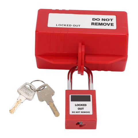 Solid as a Rock Electrical Plug Lockout Device for Industrial Tagout Safety blocks with 38mm padlock key and two keys shown.