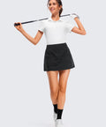 Woman wearing High Waisted A Line Golf Skirt With Built In Short Ultra Soft Quick Dry Fabric Feathery Fit Anti Slip Dots Black Small