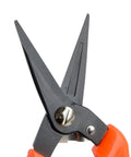 Heavy Duty Goat And Sheep Hoof Trimmer with serrated and smooth blades, close-up of stainless steel pruning shears, orange handle