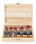 Five Piece Forstner Drill Bit Set Featuring Adjustable Depth Range Premium Woodworking Hole Saws And Sharp Wood Cutters in wooden box.