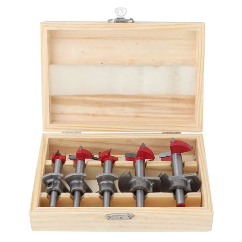 Five Piece Forstner Drill Bit Set Featuring Adjustable Depth Range Premium Woodworking Hole Saws And Sharp Wood Cutters in wooden box.