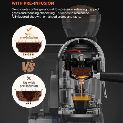 Comparison of coffee grounds extraction with and without pre-infusion using the Top Shelf Daily Driver 20 Bar Espresso Machine.