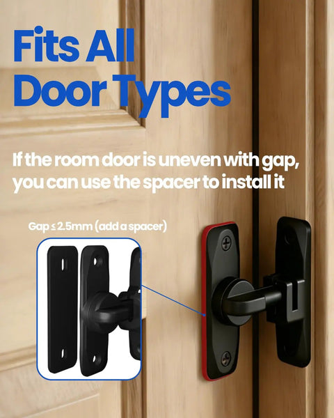 2 Pack 2 In 1 Barn Door Lock And Latch, 90 And 180 Degree Adjustable Sliding Lock For Cabinets Bathrooms Windows And Outdoor shown on door.