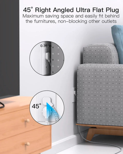10 In 1 Surge Protector Power Strip with 6 Outlets and 4 USB Ports Fast Charging, flat plug shown behind a couch