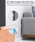 Gritty Heavy Duty Surge Protector Power Strip With Ten Foot Cord And Low Profile Plug showing a 45° right-angled flat plug fitting behind furniture.