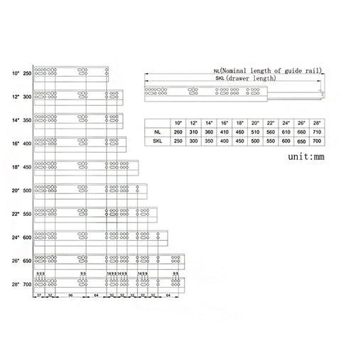 Push To Open Drawer Slides 22 Inch Rails For Wooden Cabinets installation guide with measurements and specifications chart