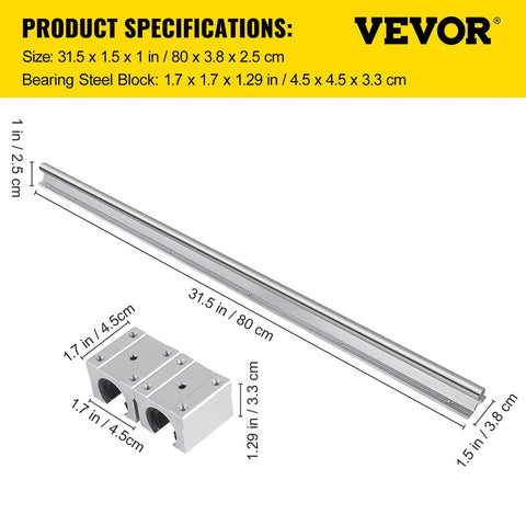 Rock Solid SBR16 Linear Rail Kit With Two 800mm Guide Ways And Four SBR16UU Bearing Blocks showing specifications and dimensions.