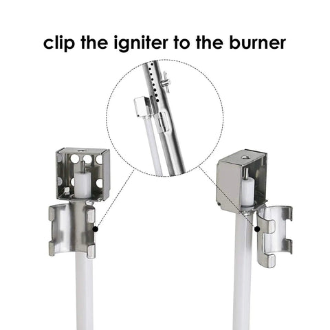 Two Outlet Push Button Grill Igniter Kit For Char Broil Grills with clip detail for connecting igniter to burner