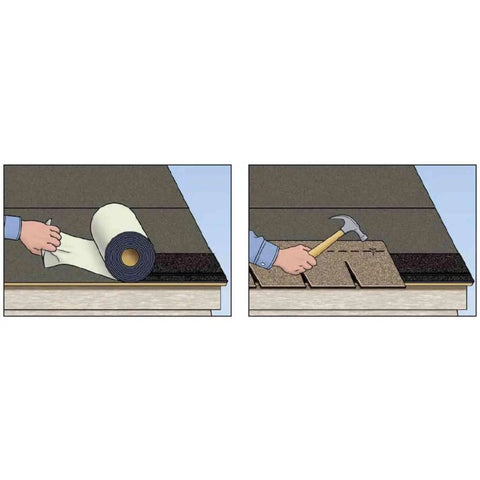 Installation steps for Heavy Duty Asphalt Shingle Starter Roll With Killer Self Seal Adhesion 7.2 Inches Wide on a roof.